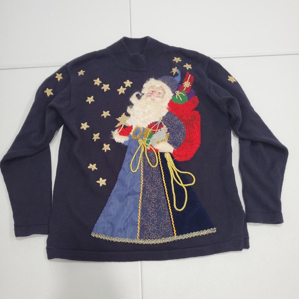 Vintage Christmas Santa Sweater Womens Medium Navy Blue Holiday Pullover